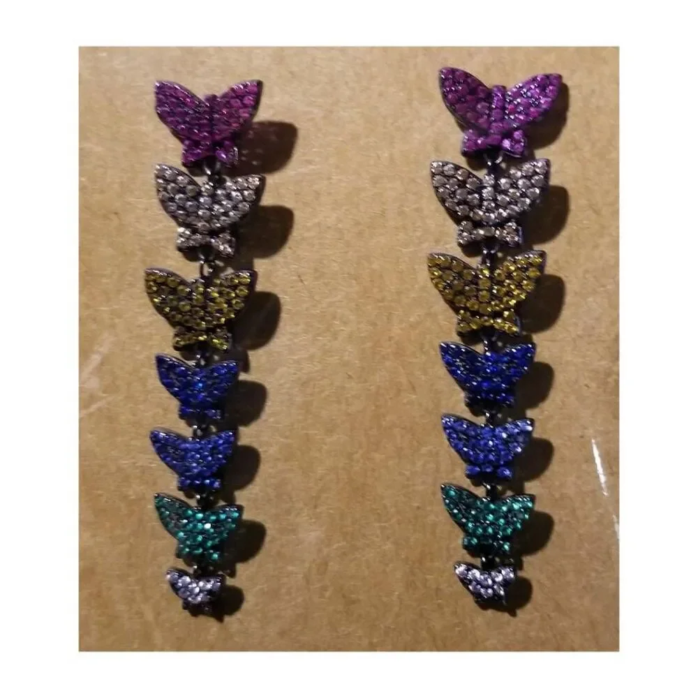 Sparkly Colorful Rhinestone Rainbow Pavé Crystals Dangling Butterfly Earrings